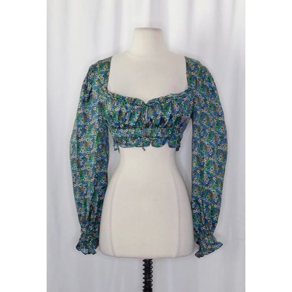FOR LOVE AND LEMONS Alisa Top Floral Cropped Milkmaid Satin Smocked Small - Picture 3 of 14